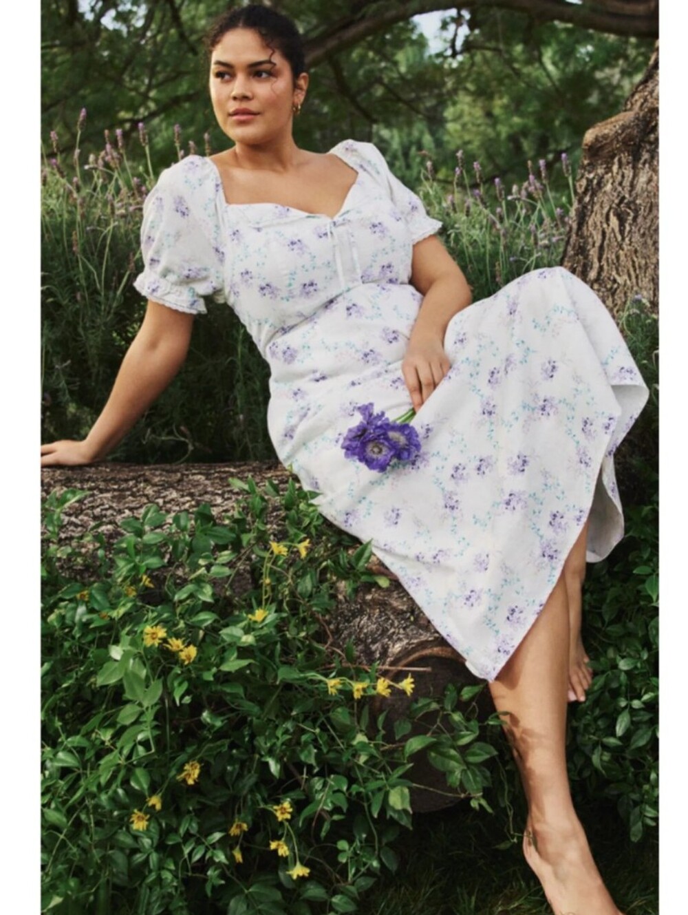 White Midi Dress with Lavender Floral Print and Puff Sleeves